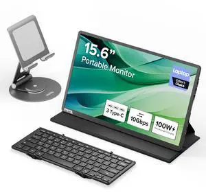 Plugable Ultimate Portable Workstation Bundle 15.6" USB-C Monitor with 100W Charging, Bluetooth Keyboard, and Rotating Stand | Works with iPad, iPhone, Android, & Windows