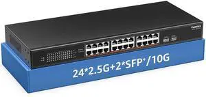 26 Port 2.5G Umanaged Ethernet Switch, 24 x 2.5Gb Base-T Ports, 2 x 10G SFP+, Compatible with 100/1000/2500Mbps, Metal Fanless, Desktop/Rack Mount YuanLey 2.5Gbe Network Switch for Wireless AP, PC