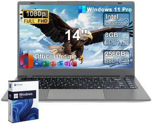 2025 Laptop Computer 14 Inch FHD 1080p, Windows 11 Pro with MS Office for School College Students Business, 8GB RAM, 256GB SSD, Dual-Core Intel Celeron(Up to 2.6 GHz), Webcam, Wi-Fi, Bluetooth 5.0