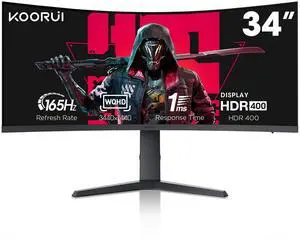 KOORUI 34-inch Ultrawide Curved WQHD 3440×1440 Gaming Monitor, 165Hz 144Hz Curved 1000R- PIP/PBP, 1ms(MPRT) with DisplayHDR 400, FreeSync Premium, 75 * 75mm VESA, HDMI/DisplayPort, 34E6UC