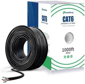 PowerEnvy Cat6 Riser Ethernet UTP Cable (CMT) - 550Mhz, 10Gbps Max, 1000ft - Outdoor Rated, 23 AWG, UTP 4 Twisted Pair Solid Bare Copper, CMR Rated Cable, Tangle-Free Pull Box - Black