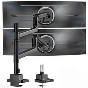 monTEK Dual Monitor Arm for up to 57" and 59.4 lbs Ultrawide Screen, Aluminum Heavy-Duty Gas Spring Vertical Stackable Curved Screen Adjustable Monitor Stand, 75/100mm Vesa Mount, Black
