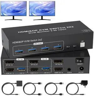 4K HDMI Displayport KVM Switch 2 Monitors 2 Computers Dual Monitor, 4K@60Hz KVM Switcher 2PC Extended Display for 2 Port Share 4 USB 3.0 Hub Keyboard Mouse Desktop Controller and 2 USB Cables Included