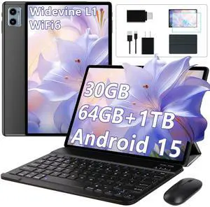 SUAAT 10 Inch Tablet Android 15 Tablets with Keyboard, 30GB 64GB 1TB Expand Tab PC with 2.0GHz Octa-Core, 8MP Camera, 6000mAh, GMS, WiFi 6, BT 5.0, FHD Display, Widevine L1, Gemini AI (Black)