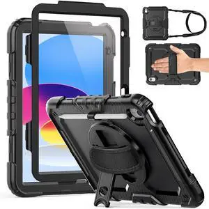 Weuiean Case for iPad A16 11th/10th Generation 11"/10.9", Military-Grade Heavy-Duty Shockproof Cover with 360° Rotating Stand, Built-in Pencil Holder & Adjustable Hand/Shoulder Strap - Black