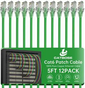 5 Feet Cat6 Patch Cables(12 Pack), Solid Pure Copper Patch Cord, Cat 6 Ethernet Cable, UTP Network, High Speed RJ45 Internet Cables, Compatible for Router, Switche, PC, Server, PS4/5, Xbox - Green