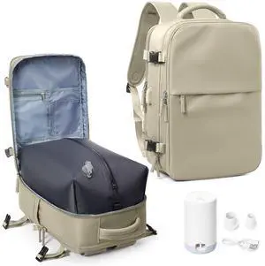 suwasp Vacuum Compression Backpack, 40L Expandable Travel Backpack with Electric Vacpack Pump, Travel Vacuum Bags with Shoe Compartment/15.6inch Laptop Compartment/USB Port, Khaki