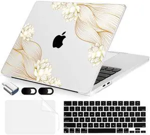 MecBevia Compatible with MacBook Air 15 inch Case, M4 A3241/M3 A3114/M2 A2941 (Released 2025 to 2023), Hard Shell, Keyboard Cover, Screen Protector, Webcam Cover & Type-C Adapter, Gold Lace Flower
