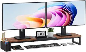 VERSASKY Dual Monitor Stand Riser, 41.5'' Extra Long Wood Monitor Stand Desktop Organizer with Side Pocket, Ergonomic Monitor Riser Supports 2 Monitors,TV,Laptop,Printer for Home Office, Rustic Brown