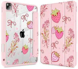 May Chen for iPad Pro 11 inch M2 4th Generation 2022, iPad Pro 11 3rd/2nd/1st Gen, Case with Transparent Shockproof Back Cover [Built-in Pencil Holder, Auto Sleep/Wake, Strawberry Bow