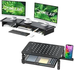 Zimilar Dual Monitor Stand Riser with Adjustable Length, Angle, Metal Drawer, 3 Height Levels and Phone Holder