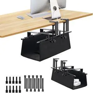 SKYROSEXSDCT Under Desk Cable Management Tray, Clamp-On Cord OrganizerNo Drilling Required, Holds Up to 22 lbs, for Cords, Routers, Power Strips (Black, 28.4inch)