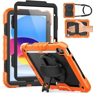 Weuiean Case for iPad A16 11th/10th Generation 11"/10.9", Military-Grade Heavy-Duty Shockproof Cover with 360° Rotating Stand, Built-in Pencil Holder & Adjustable Hand/Shoulder Strap - Black+Orange