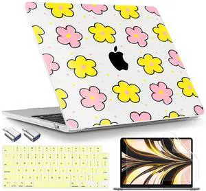 TWOLSKOO for MacBook Air 13 inch Case M4 A3240 M3 A3113 M2 A2681 2025 2024 2022 Plastic Hard Shell, Keyboard Cover, Type C Adapter, Screen Protector for MacBook Air 13.6 inch, Cute Flowers