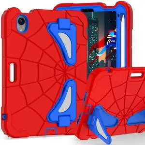 Kids Case for iPad mini 7 A17 Pro 2024/ Mini 6 8.3 inch, Spider Case for iPad mini 7th 6th Generation, Shockproof Durable Full Protective Cover with Pencil Holder, Kickstand (Red+Blue)