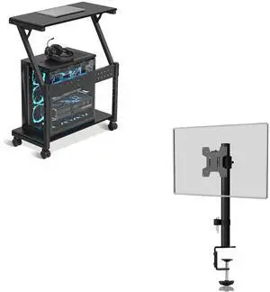 Suptek Single Monitor Mount+Suptek Height Adjustable PC Tower Stand/Cart with Wheels