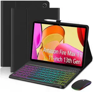 EAMPANG Case with Keyboard Mouse for Amazon Fire Max 11 inch (13th Generation, 2023 Release),7 Color Rainbow Backlit Detachable Type-C Charging Keyboard Magnetic Case Pen Holder 13th Gen Black