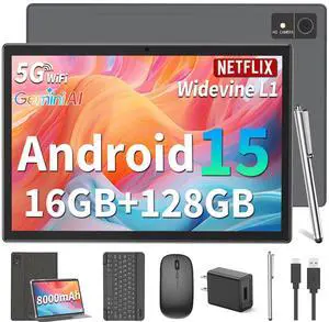 Suicoey Android 15 Tablet with Keyboard - 10 inch Tablet, 16GB+128GB, 1TB Expand, Octa-Core, 2.4G/5G WiFi, 8000mAh, BT V5.0, GMS, Widevine L1, Split-Screen, with Case, Mouse, Stylus(Black Case)