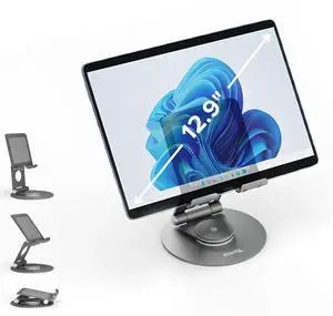 Plugable Swivel Tablet Stand Holder, 360° Rotating Base Tablet Holder for Phones and Tablets up to 12.9", Adjustable and Foldable iPad Stand for Desk, POS, Kitchen, Drawing (PT-STAND1)
