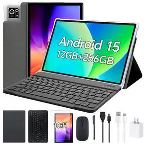FEEDOGEE Android Tablet, 10 inch IPS Touchscreen with Case, Android 15 with Octa-core Processor, 12GB RAM 256GB ROM Tablet with Keyboard, 8000mAh Battery, 5MP+13MP Dual Camera, Type-C Port, Gray