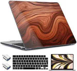 TWOLSKOO Compatible with M4 MacBook Air 13.6 inch Case 2025-2022 Release M4 A3240 M3 A3113 M2 A2681, Plastic Hard Shell & Keyboard Cover & Type C Adapter & Screen Protector, Wood Grain