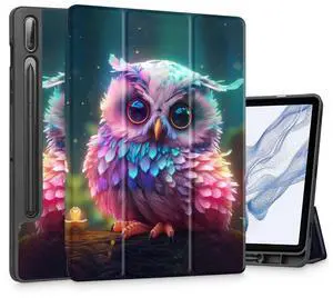 Tuiklol Case for Samsung Galaxy Tab S9 FE (5G) 10.9 inch & Tab S9 11 Inch 2023 Release Built-on S-Pen Holder, Slim Hard Shell Case Smart Trifold Stand Cover Auto Wake/Sleep,Rainbow owl