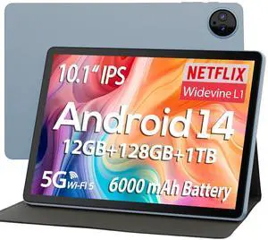 DigiLand Android Tablet, 10.1" Android 14 Tablets with G80 Octa-Core, 12GB RAM (4GB+8GB Expansion) +128GB ROM Storage, 6000mAh Battery, Dual Camera, IPS HD Touchscreen, BT 5.0 - Blue