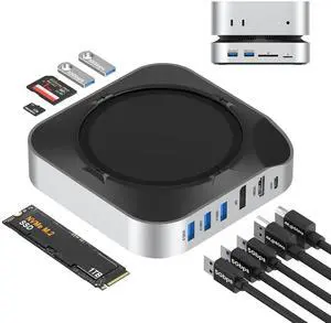 BAOZEE Mac mini M4 Dock, Docking Station Dual Monitor Mac mini Accessories USB C Hub with NVMe SSD Enclosure, 2× USB-A 10Gbps, 3× USB-A 5Gbps, 4K60 HDMI, DisplayPort, SD/TF Card Reader