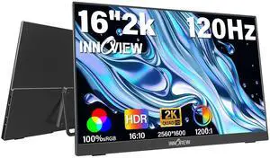 InnoView 16" 2.5K 120Hz Portable Monitor Built-in Speakers and Kickstand & VESA 100% sRGB QHD 400 Nits | 2 Type-C & HDMI | Eye Care | Travel Monitor for Laptop/Switch/PS5/Xbox (Adapter Excluded)
