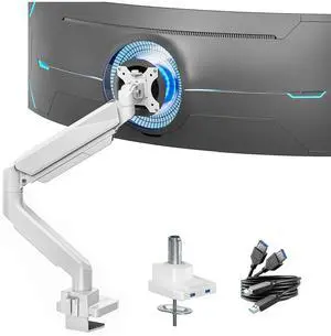 ARES WING Single Monitor Arm, Heavy Duty Adjustable Monitor Arm for 13"-49" Screens with USB, Gas Spring Desk Mount Stand with C Clamp/Grommet Mounting Base up to 40lbs Computer, White