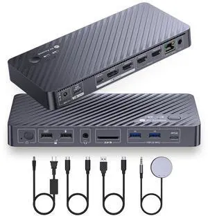 AV Access Docking Station Dual Monitor for Laptop & Desktop, KVM Switch 2 Monitors 2 Computers with Ethernet, EDID, 4K@60Hz Dual Display, 4xUSB-A, 1xUSB-C, Power Supply for Laptop, Audio, SD