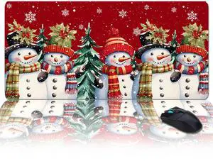 Christmas Oversized Gaming Mouse Pad, Red Christmas Hat Snowman Desk Mat for Home Office Extended XXL Computer Mouse Pad with Non-Slip Backing for Laptop Desktop Keyboard,35x15 inch