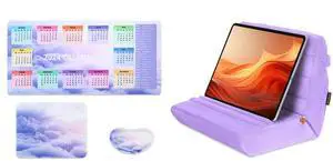 MOSISO Tablet Pillow Stand,Soft Tablet Holder for Lap,Tablet Soft Pad Dock with Pocket&Stylus Slot&4 Viewing Angles&Gaming Mouse Pad&Mousepad&Wrist Rest Support for Mouse, Purple&Purple Cloud Calendar