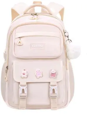 MININAI Cute Backpack for Kids Teen Girls Boys Kawaii Aesthetic Elementary Middle School Student Bookbag Preppy Laptop Backpack for Ages 6-8 8-10 10-12 with Pin Accessories Plush Pendant, Beige