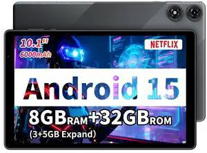 NEWISION Tablet 10 inch Android 15, 8GB RAM 32GB Storage, 1280x800 IPS HD Display, GMS Certified, 6000mAh Battery, Type-C, WiFi Tablet, Expandable to 1TB, Grey