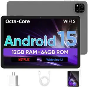 Tablet, 10 inch Android 15 Tablet with Octa-Core Processor, 12GB RAM 64GB ROM 2TB Expand, 1280x800 HD Touchscreen, GPS, WiFi 5, Dual Camera, BT5.0, 6000mAh, Widevine L1 (Black)