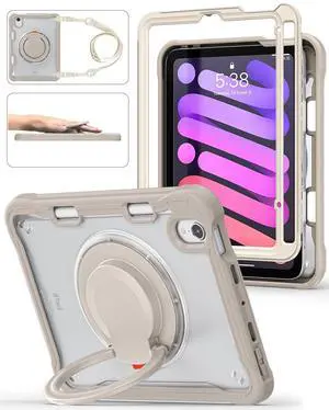 BRAECN for iPad (a17 pro) Mini 7/Mini 6 Case 2024/2021 8.3 inch with Pencil Holder Protective Clear Ring Handle 360 Rotating Stand Shockproof Dropproof Rugged Carrying Shoulder Strap Kids Friendly