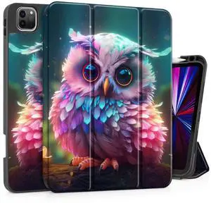 Tuiklol Case for iPad Pro 11 Inch 4ht/3rd/2nd/1st Gen 2022 2021 2020 2018 Release, Build-in Pencil Holder with Slim Stand TPU Back Cover & Trifold Stand & Auto Wake/Sleep Tablet Case, Rainbow owl
