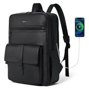 Shrrie 16 inch Vegan Leather Laptop Backpack with USB Charger,Lightweight Smart Computer Backpack for Men and Women Business,Work,Office,College