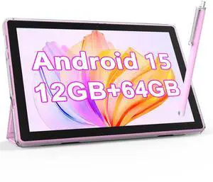 NOVOJOY 10 Inch Android tableta with Case and Stylus Tablet with USB Port Android 15 Tablet 2.0GHZ 2MP+8MP Dual Camera 6000mAh 12GB RAM(4GB+8GB Expansion) +64GB ROM 5Gwifi6 Tablets (Pink)