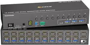 10 Port HDMI KVM Switch 2 Monitors 10 Computers 4K@60Hz EDID Simulation,Dual Monitor KVM Switch with 4 USB 3.0 Ports for Keyboard Mouse Printer,Audio RS232,with Controller,12V Power and 10 USB Cables