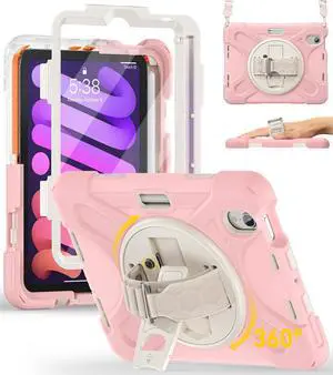 BRAECN for iPad mini 7(A17 Pro)/ 6 case 2024/2021 8.3 inch Heavy Duty Shockproof Protective with Pencil Holder Screen Protector 360°Rotating Stand Handle Full Body Cover Shoulder Strap Kids Friendly
