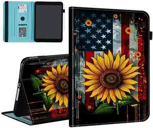 BFUKVOU Case for Samsung Galaxy Tab S9 FE 5G 10.9 Inch/Galaxy Tab S9 11 Inch 2023,Card Slot PU Leather TPU Case Pen Holder Auto Wake Sleep,American Flag Sunflower