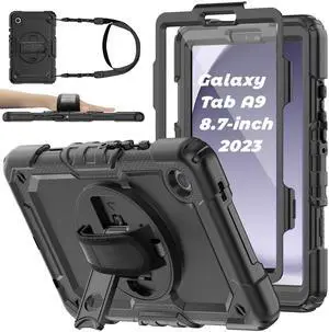 BASE MALL Case for Samsung Galaxy Tab A9 Tablet Case 8.7 inch 2023, Shockproof Protective Cover with Screen Protector, Rotatable Kickstand, S Pen Holder, Hand/Shoulder Strap (Black)