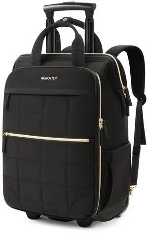 Rolling Puffer Backpack for Women, Wheeled Laptop Backpack, Short-Term Travel Backpack with Wheels, Roller Adults Work Computer Bag, Water Resistant Overnight College Underseat Carry on Luggage, Black