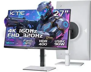 KTC 27 Inch 4K Gaming Monitor, Dual Mode UHD 160Hz & FHD 320Hz, Fast IPS, HDR400, Adaptive Sync, 90W Type-C, HDMI 2.1 & DP 1.4, Height Adjustment PC Monitor, VESA, KVM Support, H27P6