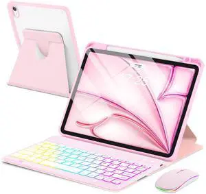EAMPANG Case with Keyboard Mouse for iPad Air 11 inch M3 M2/ Air 10.9 5th 4th Generation,Rainbow Backlit Detachable Keypad Rotatable Magnetic Cover with Pencil Holder for iPad Air 4 5 6 7 Gen Pink
