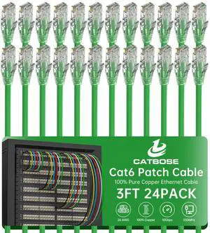 3 Feet Cat6 Patch Cables(24 Pack), Solid Pure Copper Patch Cord, Cat 6 Ethernet Cable, UTP Network, High Speed RJ45 Internet Cables, Compatible for Router, Switche, PC, Server, PS4/5, Xbox - Green