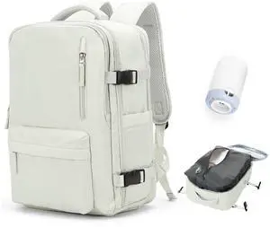Vacuum Travel Backpack with Pump for Women, Personal Item Carry on Backpacks Flight Approved 18x14x8 inches for Men,Laptop Waterproof Work Compression bags Casual Daypack YYWhite