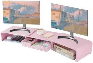 LEKETREE Dual Monitor Stand Riser with Drawer, Desk Organizer and Accessories, Pink Monitor Stand for Desk, Desktop Stand for Computer, Laptop, TV and More (Pink)